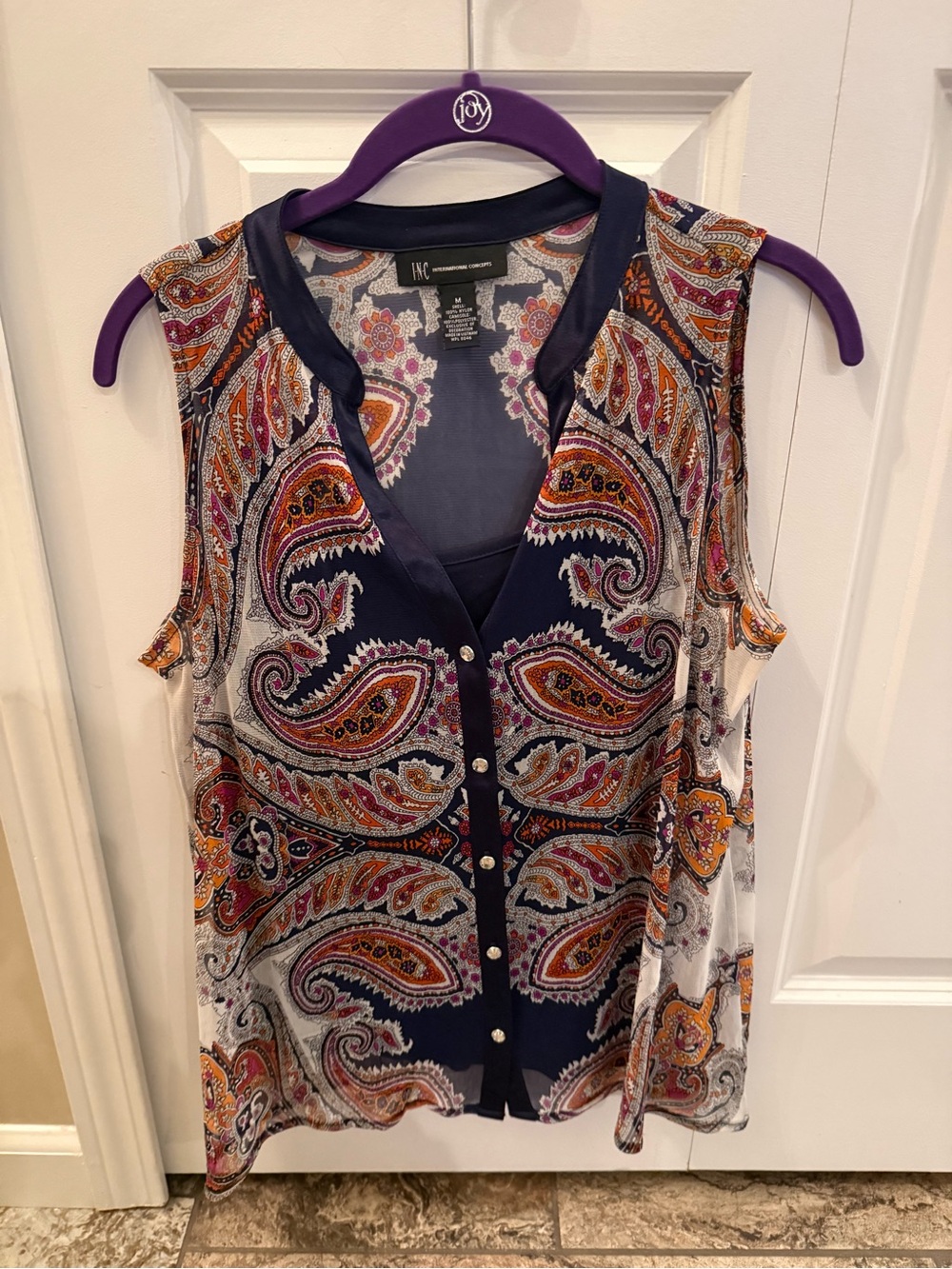INC International Concepts Navy Paisley Sleeveless Button-Front Top